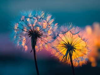 Close-up of dandelions silhouetted against a colorful sunset sky