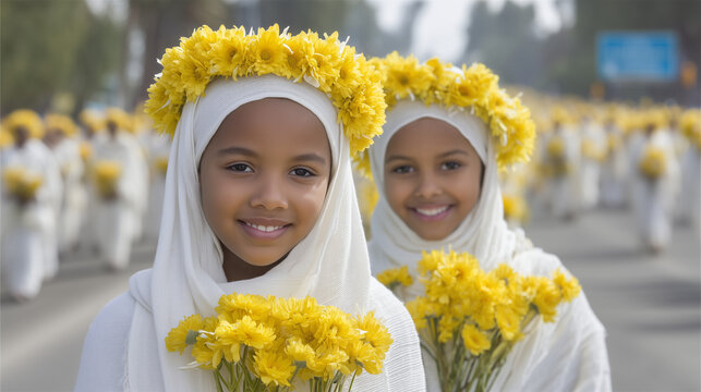 Young Ethiopian Girls Wearing Flower Crowns Celebrate Enkutatash Festival with Smiles and Yellow Blossoms in Traditional White Dresses Along Parade Route