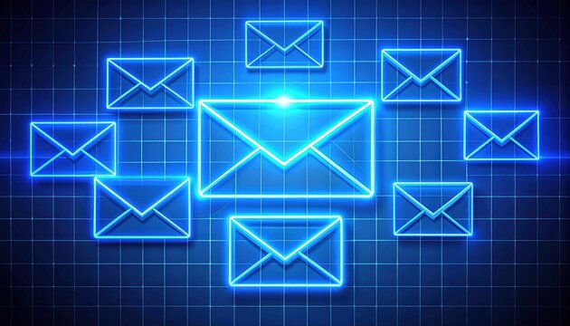 Neon email symbols on grid background