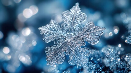 Beautifully patterned snowflakes under the microscope exhibit intricate designs and shimmering details in a winter wonderland