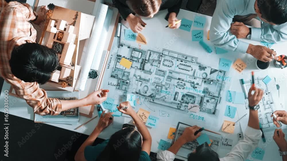 Poster top aerial view of project manager or civil engineer writing at blueprint and planning building desi
