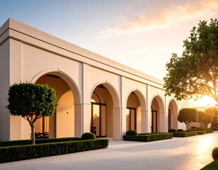 Exterior of a light beige building with arched windows at sunrise