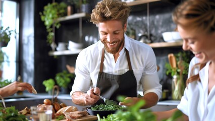 Man prepares salad beside smiling woman, man mixes greens with joyful energy, man stands in bright kitchen filled with fresh produce, lively teamwork, cheerful culinary preparation.