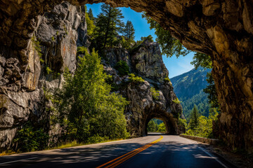 Scenic mountain highway passing through a natural rock tunnel surrounded by lush greenery