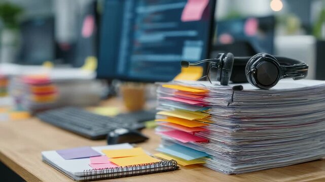 Closeup of a paralegals workspace stacked affidavits marked with sticky flags dual computer monitors showing discovery data and a legal pad under a wireless headset in use.