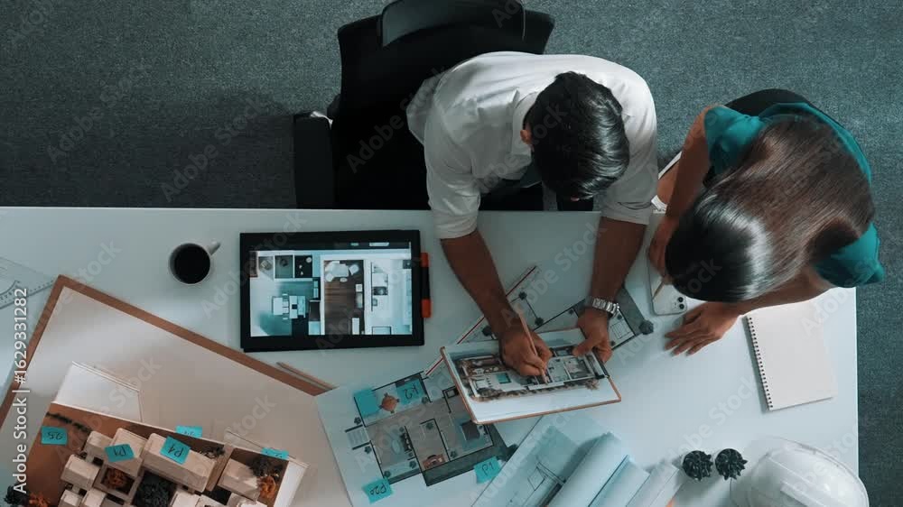 Aufkleber top down view of skilled business man and colleague design house together. aerial view of architect 