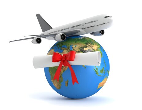 Airplane above globe with diploma; study abroad concept