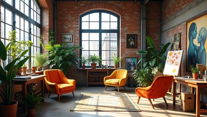 Fototapeta premium A conceptual poster turning an industrial space into a modern creative studio — retro furniture, indoor plants, art supplies scattered, mixing old architecture with youthful creativity.