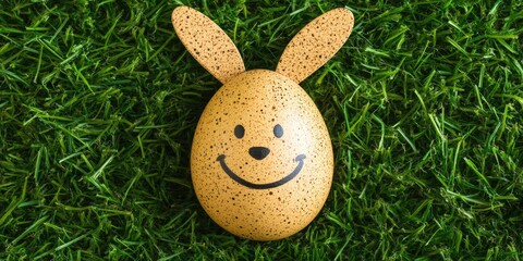 Speckled egg with bunny ears and a smiling face rests on vibrant green grass