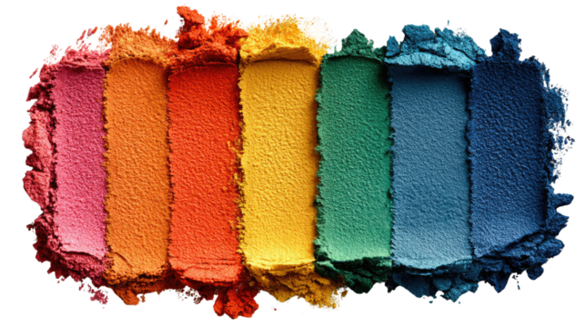Rainbow Hue Palette: A vibrant and eye-catching collection of rainbow-colored makeup powders creates a visually stunning representation of color diversity and creative expression.