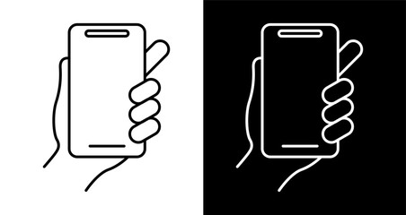 Simple line icon of a hand holding a smartphone. Minimalist vector illustration of a person using a mobile phone, isolated on black and white.