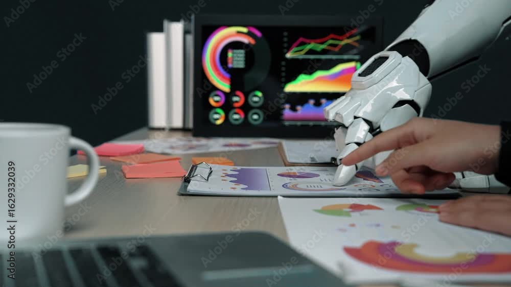 Poster with an ai assistant at the table, a cross functional team examines data analytics to sharpen busine