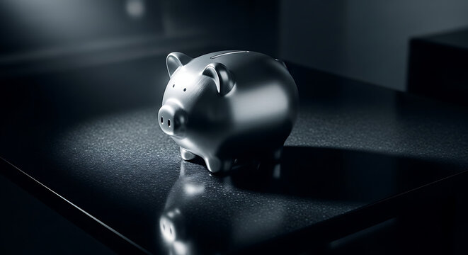 Ai generated image of a silver piggy bank sits on a dark reflective surface, symbolizing savings and financial security