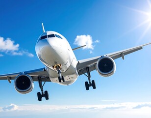Naklejka premium Airplane approaching landing, low angle view, bright sunny day