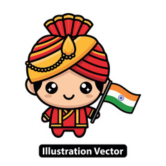 Cute cartoon of an Indian boy in a traditional turban holding the national flag