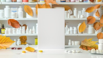Back to school mockup with blank template surrounded by autumn leaves and medicine bottles. Horizontal banner. Copy space. Template, mock-up for pharmacy, drug store, cosmetics store