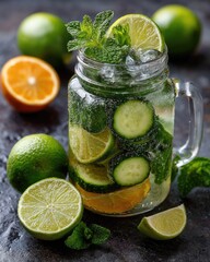 Refreshing cucumber lime drink in mason jar with mint and ice