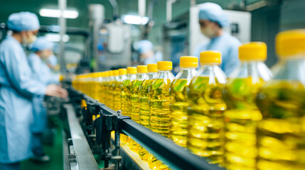 Fototapeta premium Manufacturing line with bottled cooking oil in a food processing plant