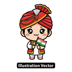 Adorable cartoon of an Indian boy in traditional clothing and a turban holding a small flag