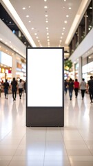 Blank advertisement stand in a bustling mall hallway