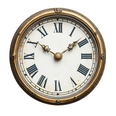 Antique gold analog wall clock with Roman numerals isolated on Transparent Background