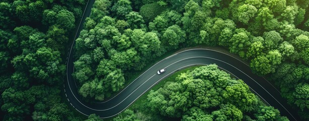 Aerial view of cars driving on a winding road through a green forest. A car is moving along the asphalt, which curves like an S shape in nature with lush trees and vegetation.