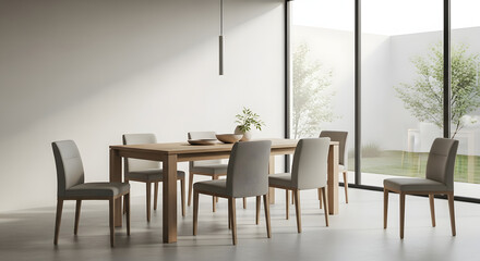 Obraz premium Minimalist dining room with wooden table, chairs, and large window in home