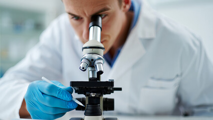 Scientist Examining Sample Through Microscope in Lab