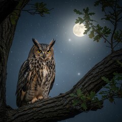 Owl Tree With Moon Background