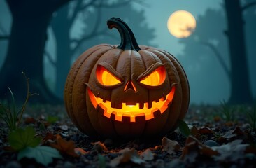 Pumpkin with an evil smile in the night forest. Happy Halloween.