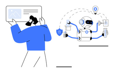 Man engages with a robot automating processes, depicted by multitasking arms performing tasks. Ideal for technology, AI, innovation concepts, robotics, team collaboration, productivity, efficiency