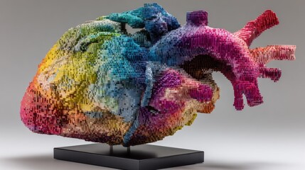Multicolored anatomical heart sculpture on a stand