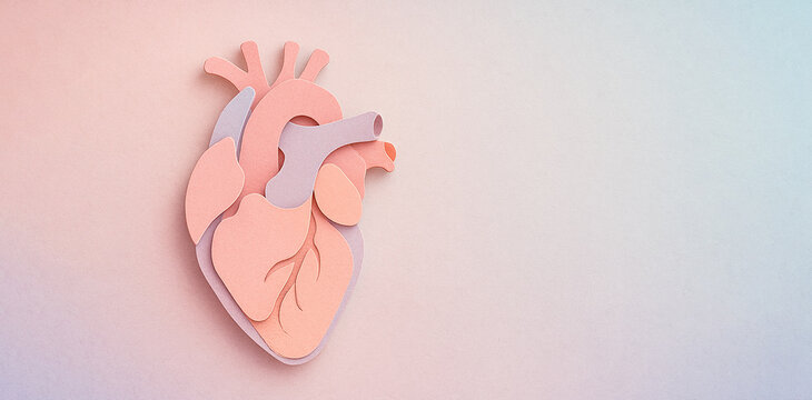 Paper-crafted human heart placed on a soft pastel background, Handmade anatomical paper heart on light pastel surface.