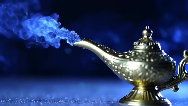 golden aladdin lamp with magical blue smoke effect, representing wishes, fantasy, and mystical tales in a dimly lit backdrop