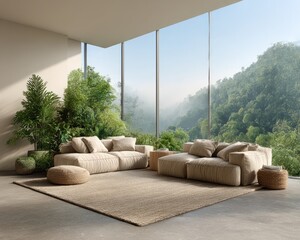 Modern living room with panoramic mountain views