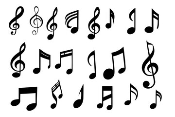 A set of black musical notes including treble clef,  music symbol, musicnotes icons, 