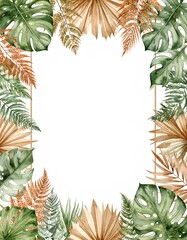 Kids birthday jungle frame with fantasy style, earthy colors, whimsical and peaceful, perfect for magical forest-themed design
