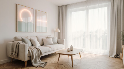 Bright Scandinavian Living Room with Modern Wall Art