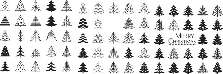 Collection of diverse christmas tree silhouettes with merry christmas