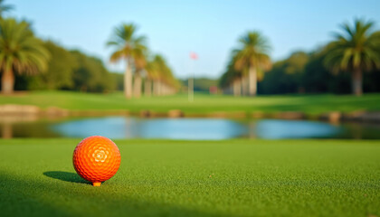 Orange golf ball is located on picturesque green golf course in club, Florida. Pitch is perfectly prepared, grass is neatly trimmed. On blurred background of small pond, palms, blue sky. Copy space