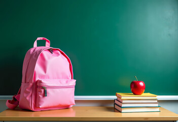 Backpack and stack of books with one apple are on school desk against background of classroom chalkboard. Back to school, education. Copy space.