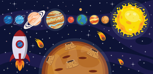 Cartoon planetary vector illustration. Planet of the solar system. Space with sun, mercury, venus, earth, mars, jupiter, saturn, uranus, neptun and moon.  © Bramanart