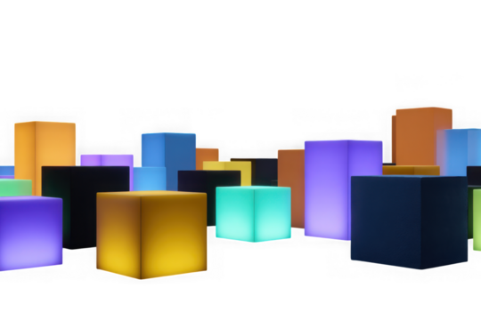 Illuminated geometric cubes in various colors isolated on transparent background - Powered by Adobe