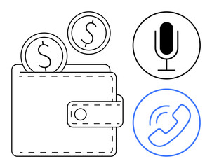 Wallet with coins, microphone, and phone call icons. Ideal for fintech, communication apps, digital payment, contactless technology, podcasting, telecommunication tools simple landing page