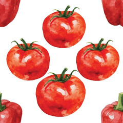 Vibrant seamless pattern featuring hand-painted watercolor red tomatoes and red bell peppers on a transparent background. Fresh vegetable design.