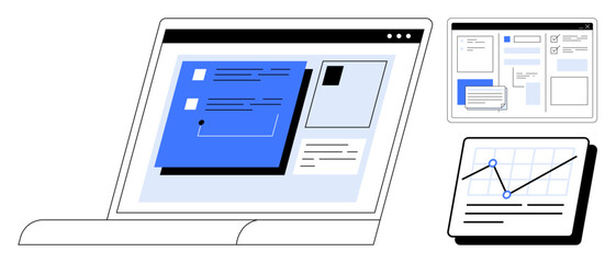 Fototapeta na wymiar Laptop displaying website interface with forms and dashboards, accompanied by analytics graph and site layout. Ideal for technology, business, productivity, analysis, web development, UXUI design