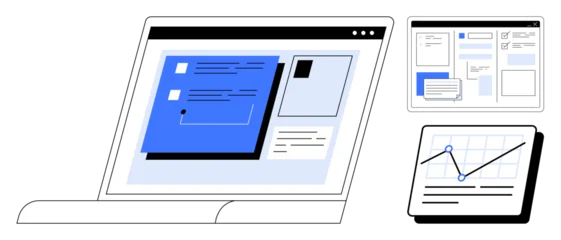 Fotobehang Laptop displaying website interface with forms and dashboards, accompanied by analytics graph and site layout. Ideal for technology, business, productivity, analysis, web development, UXUI design © robu_s