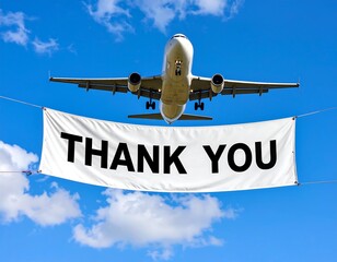 Airplane descending below a banner expressing gratitude