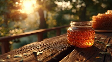Honey jar on wooden table, backlit by sunset