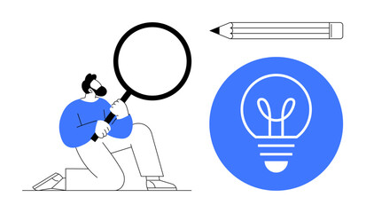 Man kneeling while holding magnifying glass, pencil resting nearby, and glowing lightbulb icon symbolizing ideas. Ideal for research, creativity, learning, innovation, brainstorming, education